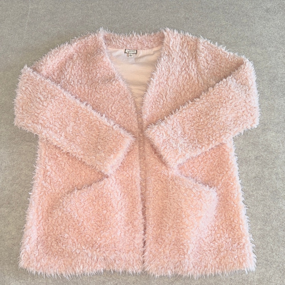 Eyeshadow Faux Fur Shaggy Open Front Cardigan Sweater XL Pockets Barbie pink